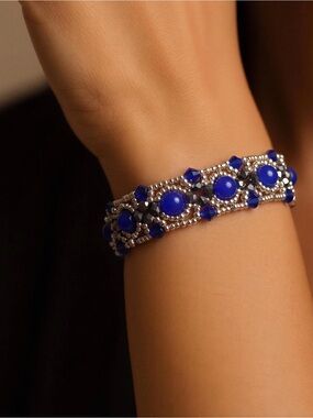 Handmade Blue Beaded Bracelet with Silver Accents